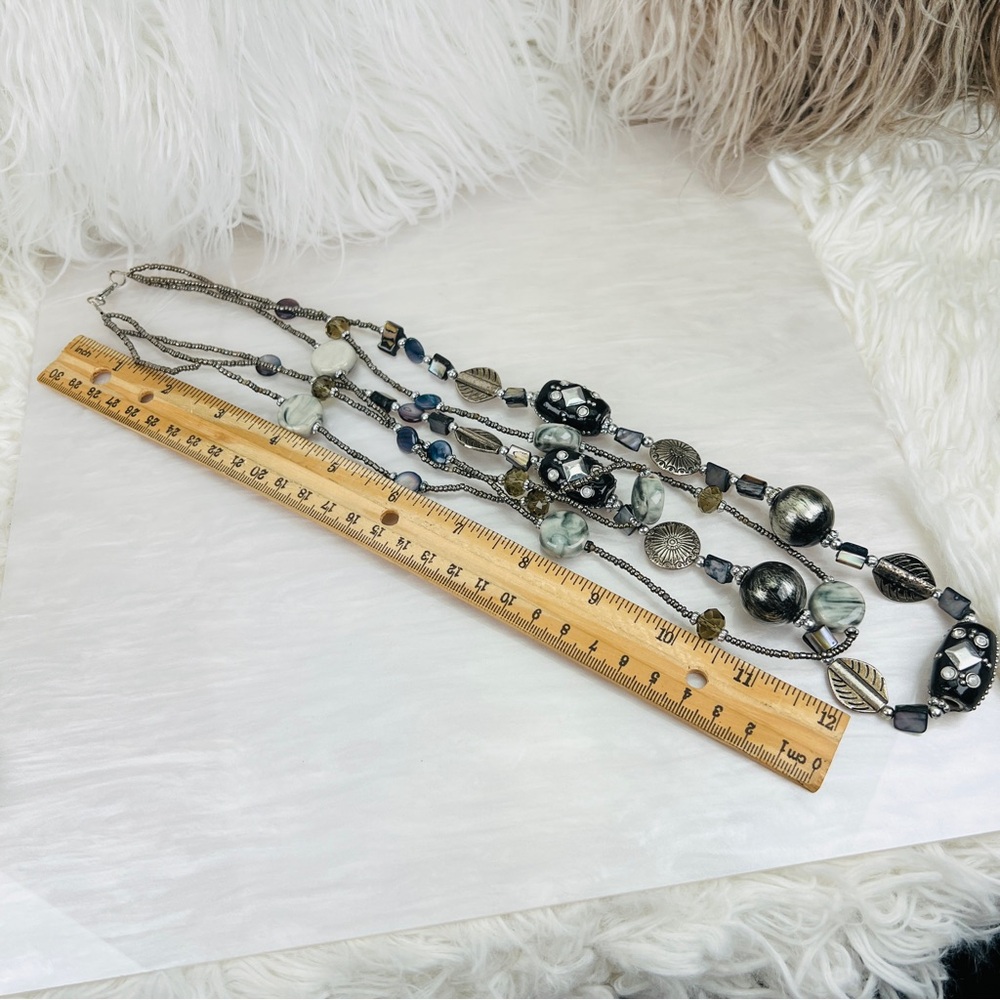 Black Silvertone Multi Beaded, Stone Long 3 Stran… - image 5